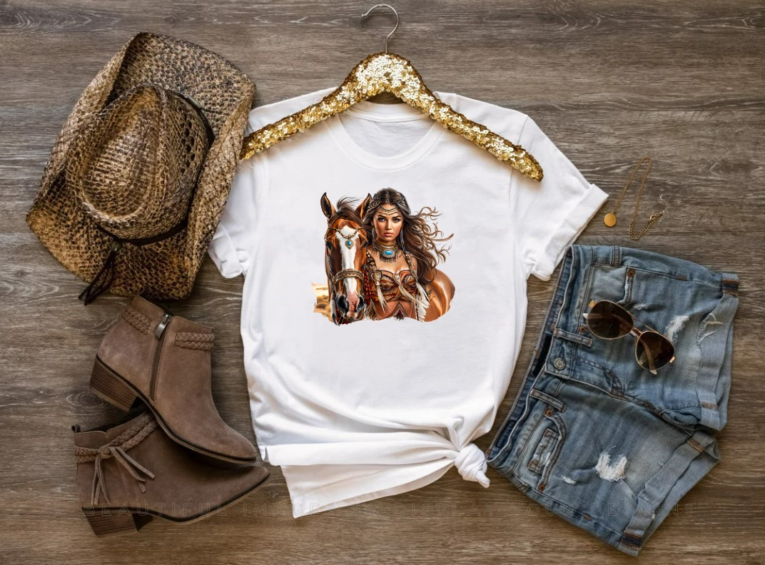 Femme Amérindienne Cheval transfert thermocollant impression dtf flex textile t-shirt femme homme enfant top débardeur sweat