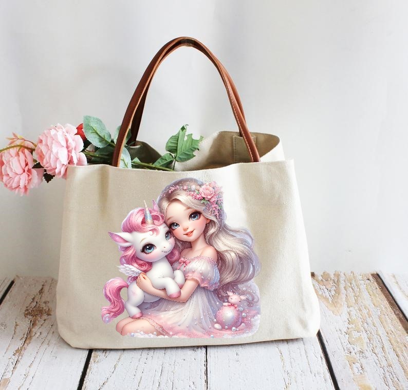 Girly Blonde Licorne transfert thermocollant impression dtf flex textile sac shopping main course sport plage