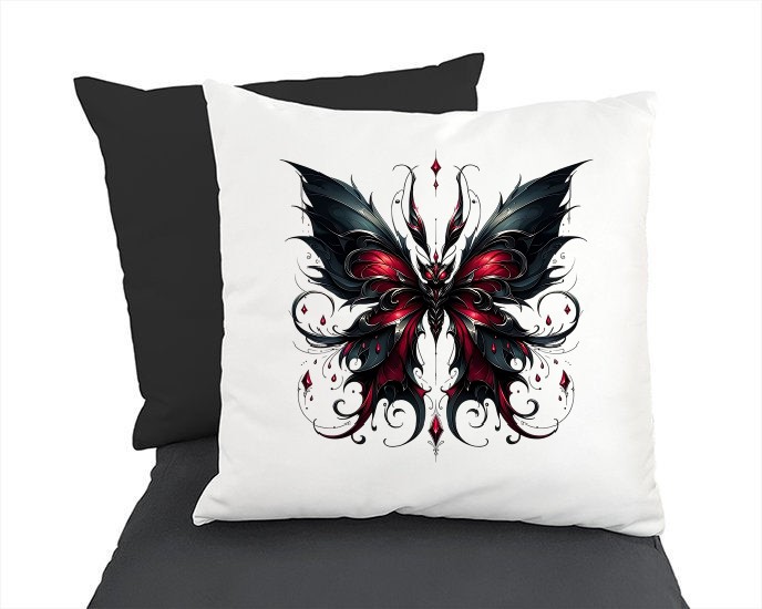 Papillon gothique noir rouge transfert thermocollant impression dtf flex textile coussin oreiller abjet accessoire déco