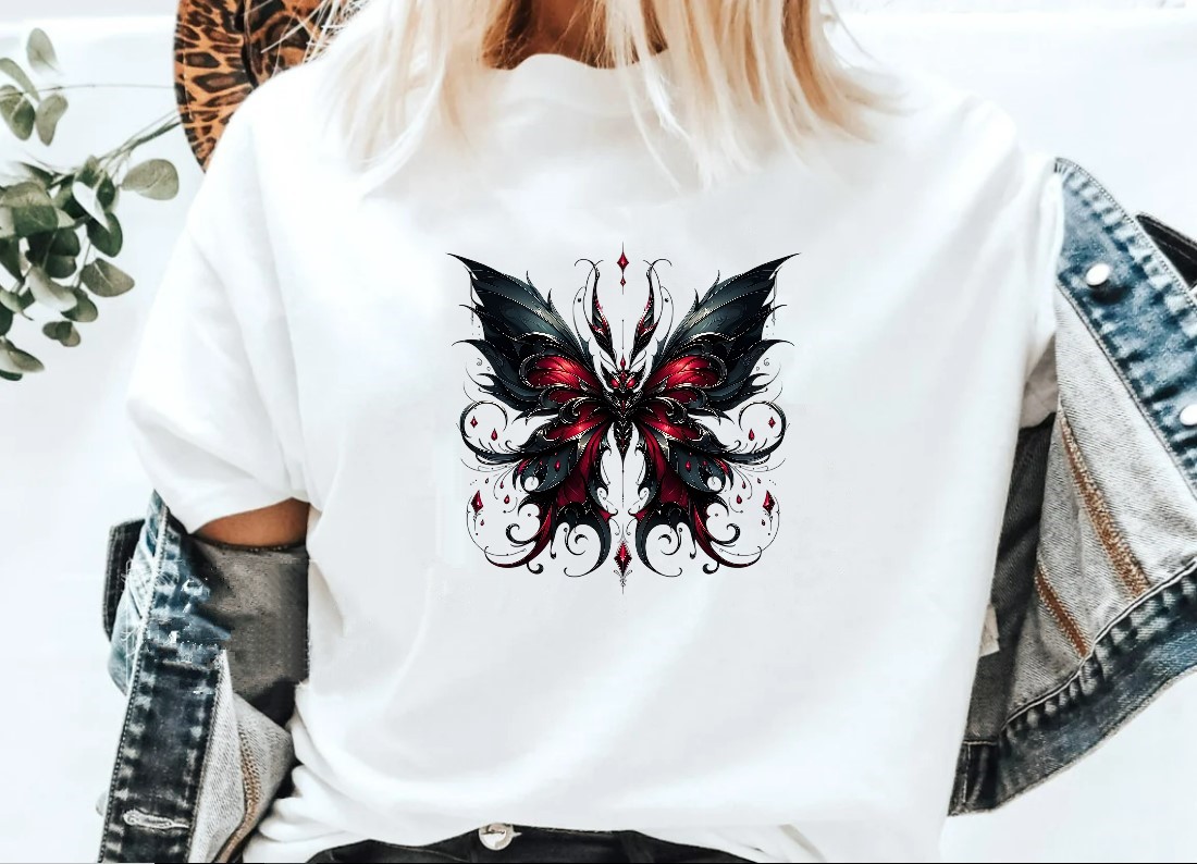 Papillon gothique noir rouge transfert thermocollant impression dtf flex textile t-shirt femme homme enfant sweat top débardeur