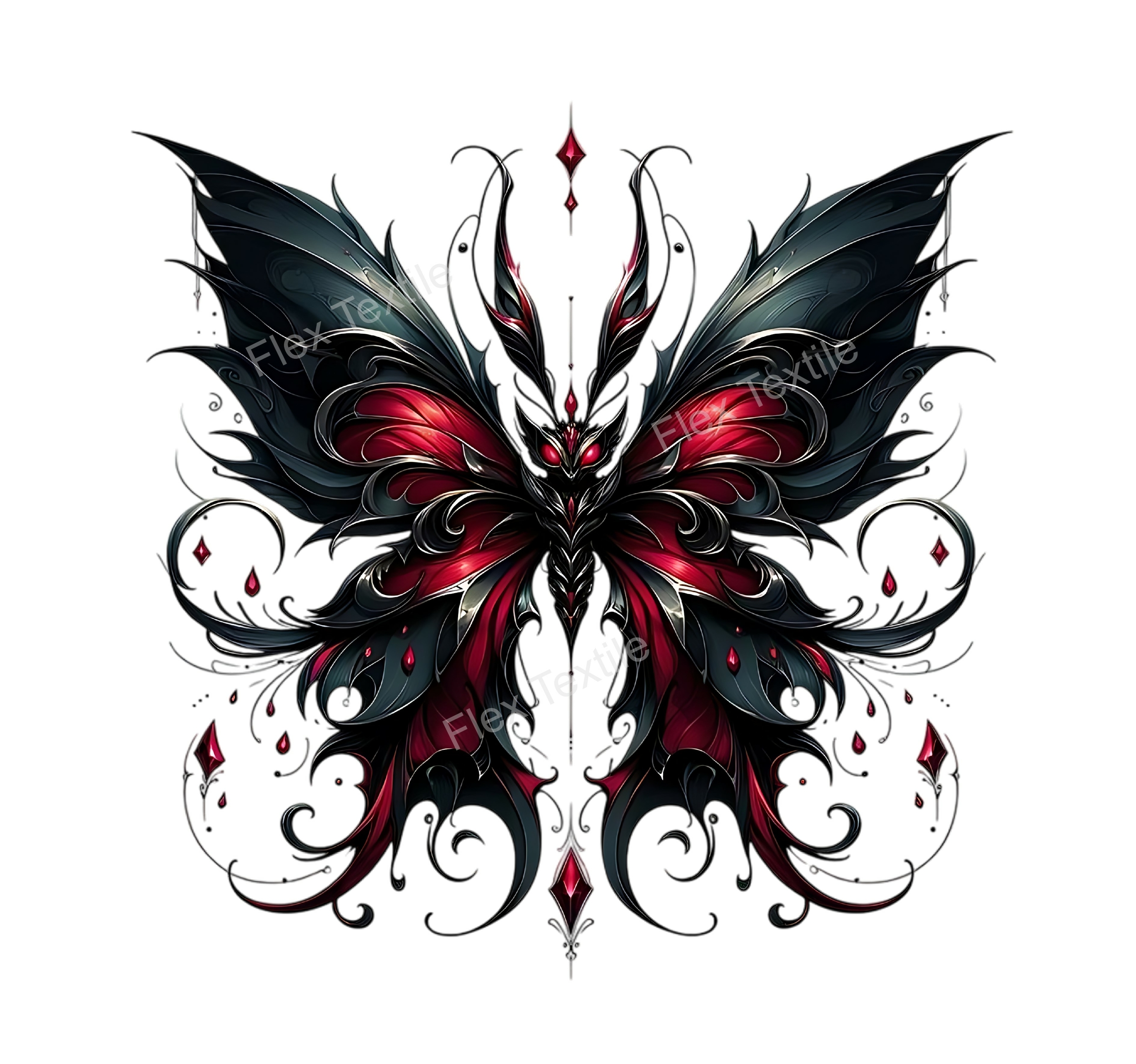 Papillon gothique noir rouge transfert thermocollant impression dtf flex textile