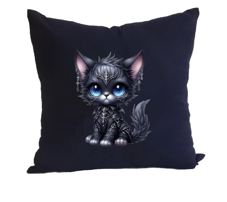 chat gothique yeux bleus transfert thermocollant impression dtf flex textile coussin oreiller objet accessoire déco