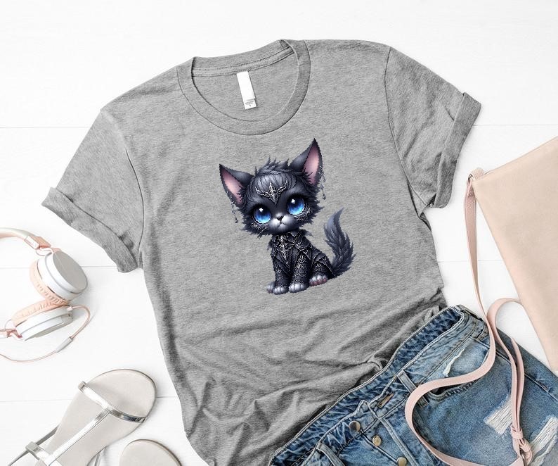 chat gothique yeux bleus transfert thermocollant impression dtf flex textile t-shirt femme homme enfant débardeur top sweat