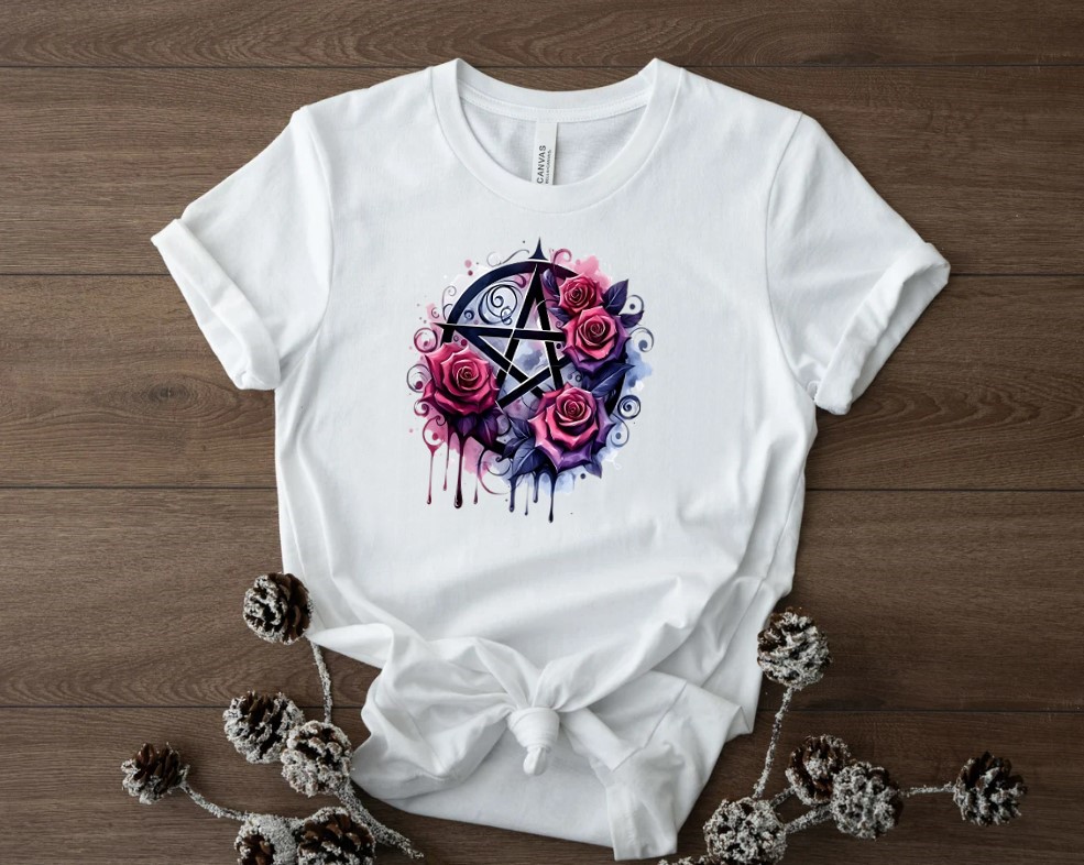 pentacle fleurs roses transfert thermocollant impression dtf flex textile tshirt femme homme enfant top débardeur sweat