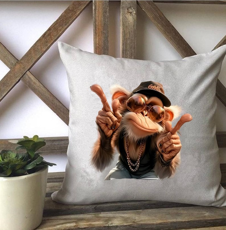 Monkey Casquette Lunettes Transfert thermocollant impression dtf flex textile coussin oreiller accessoire déco