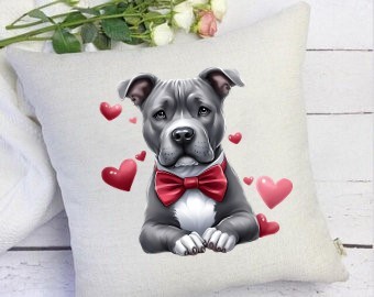 Chien allongée coeurs transfert thermocollant impression dtf flex textile coussin oreiller accessoire déco