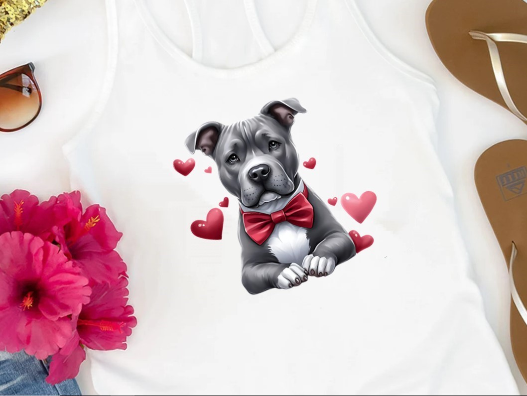Chien allongée coeurs transfert thermocollant impression dtf flex textile t-shirt débardeur top sweat homme femme enfant