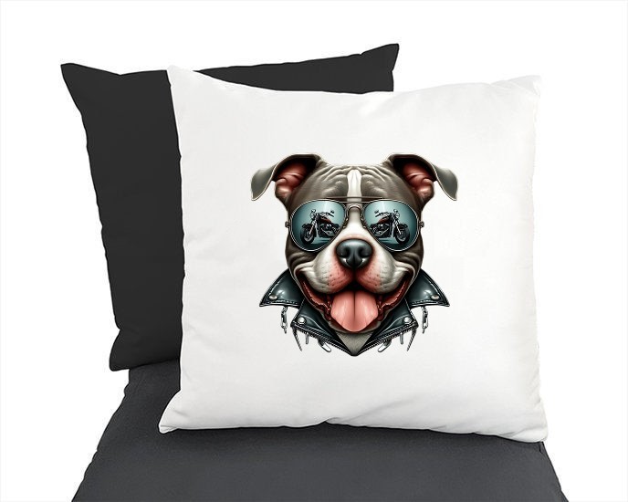 Tête chien lunettes motard transfert thermocollant impression dtf flex textile coussin oreiller accessoire déco