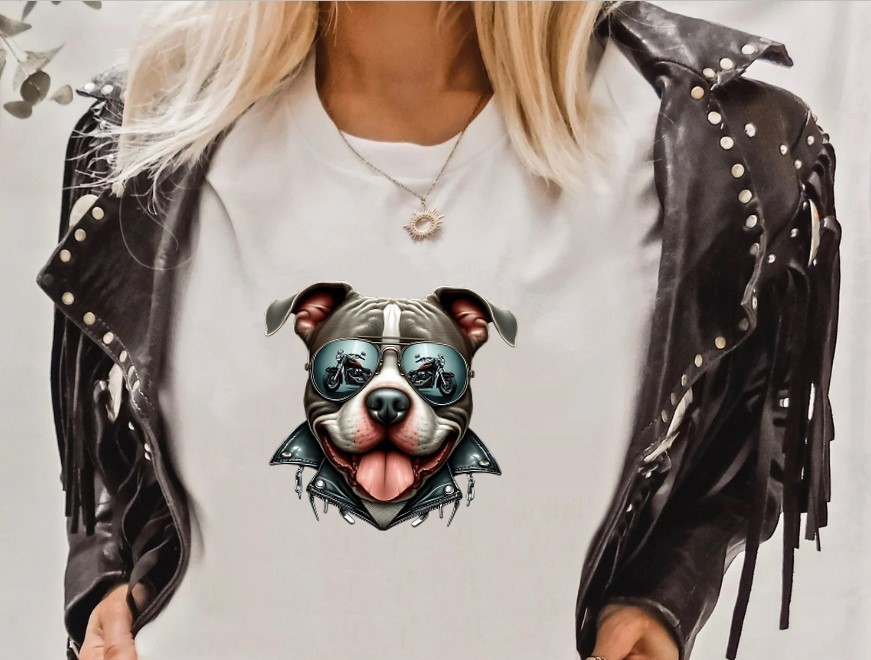 Tête chien lunettes motard transfert thermocollant impression dtf flex textile t-shirt sweat top débardeur femme homme enfant
