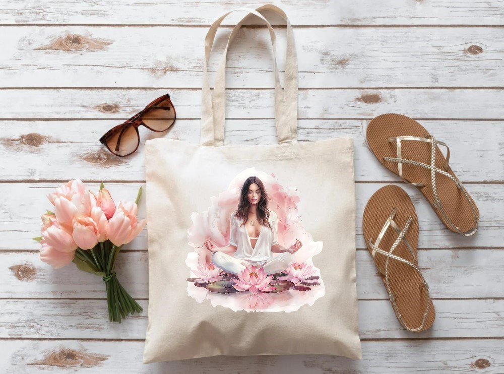 femme yoga lotus transfert thermocollant impression dtf flex textile sac main shopping course sport plage