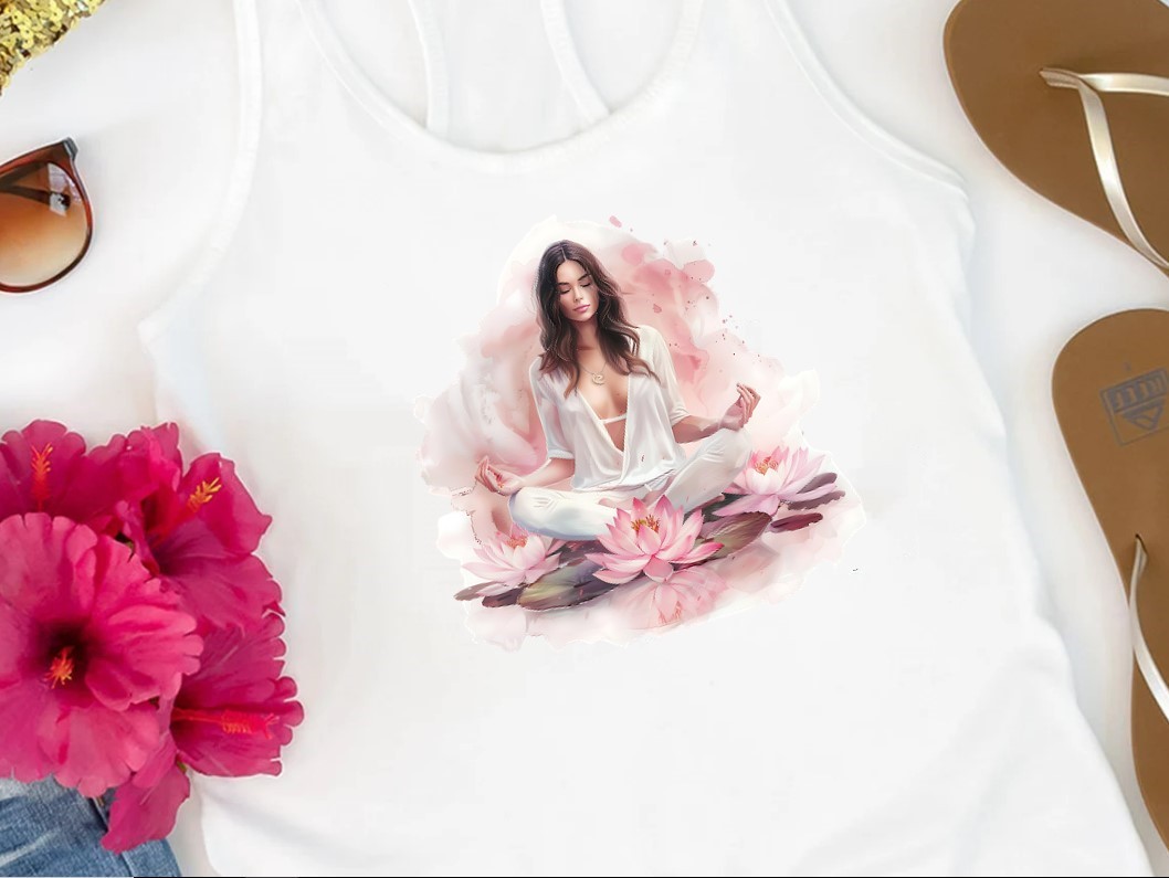 femme yoga lotus transfert thermocollant impression dtf flex textile t-shirt femme homme enfant sweat top débardeur