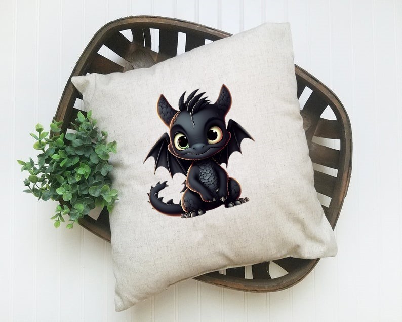 petit dragon noir transfert thermocollant impression dtf flex textile coussin oreiller accessoire déco