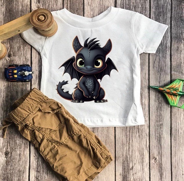 petit dragon noir transfert thermocollant impression dtf flex textile t-shirt enfant homme femme sxeat top débardeur