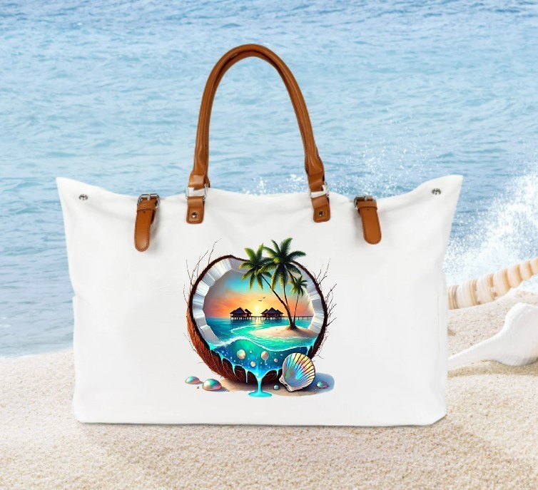 paysage noix coco transfert thermocollant impression dtf flex textile sac shopping main sport plage course