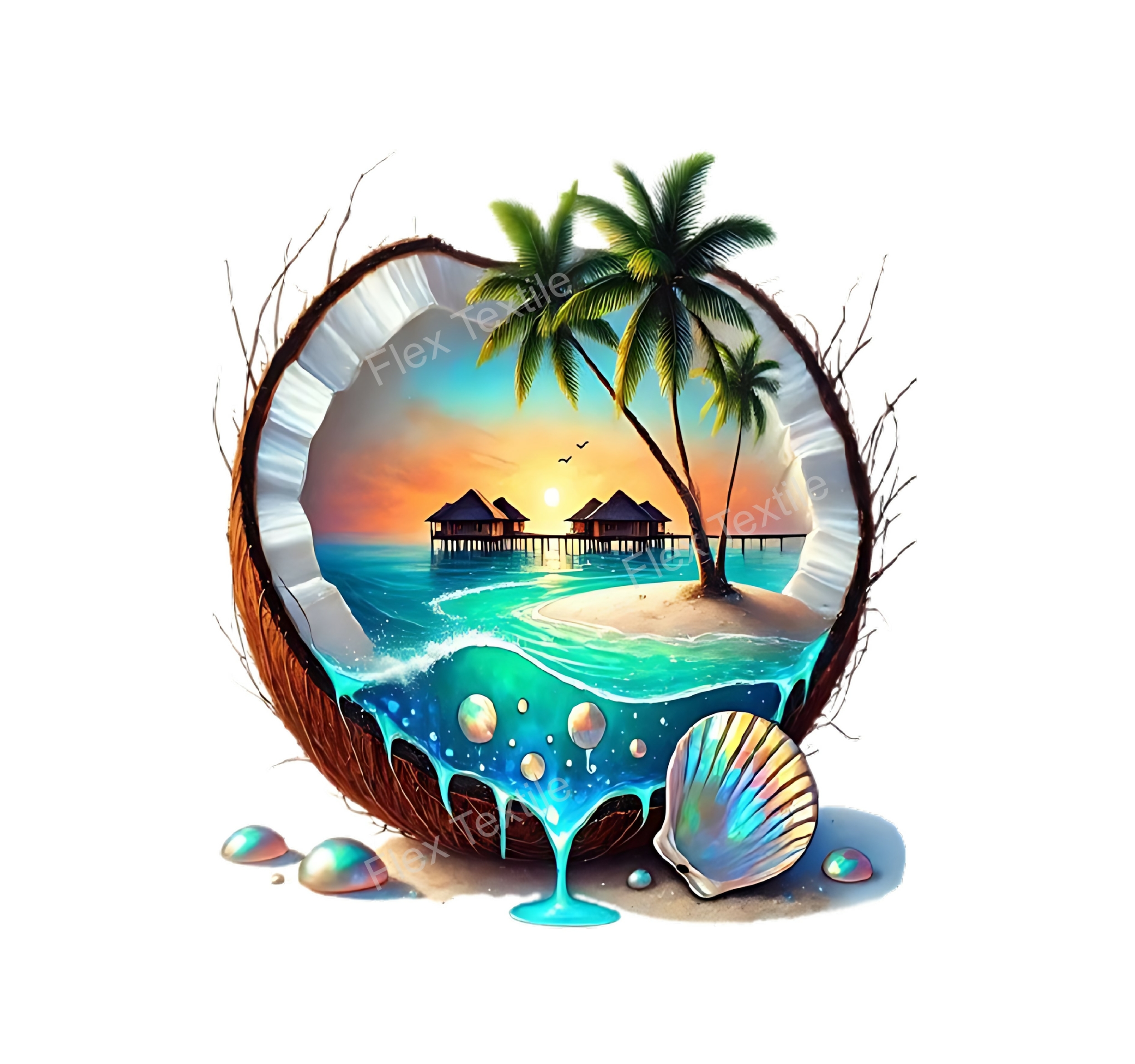 paysage noix coco transfert thermocollant impression dtf flex textile
