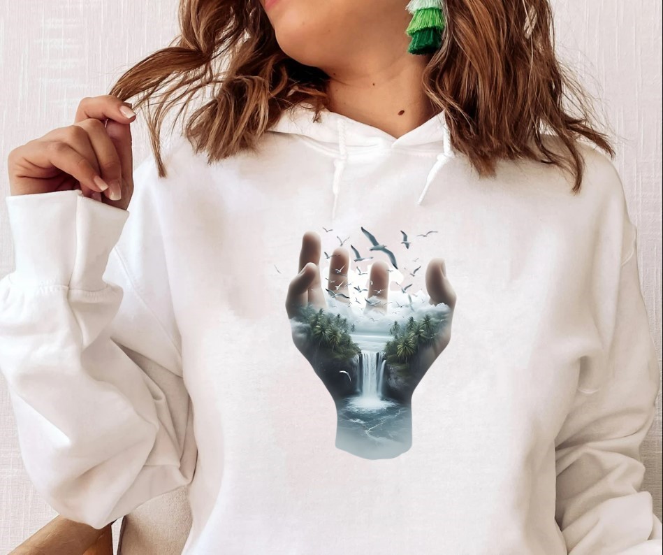 main paysage cascade transfert thermocollant impression dtf flex textile t-shirt femme enfnat homme sweat top débardeur
