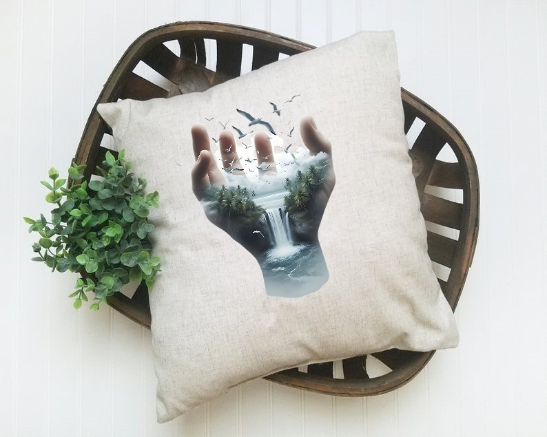 main paysage cascade transfert thermocollant impression dtf flex textile coussin oreiller déco accessoire