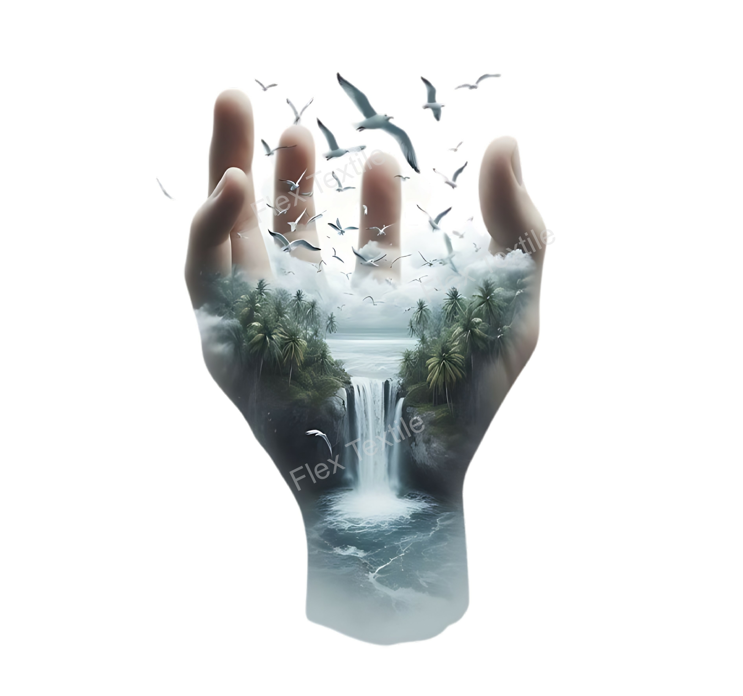 main paysage cascade transfert thermocollant impression dtf flex textile
