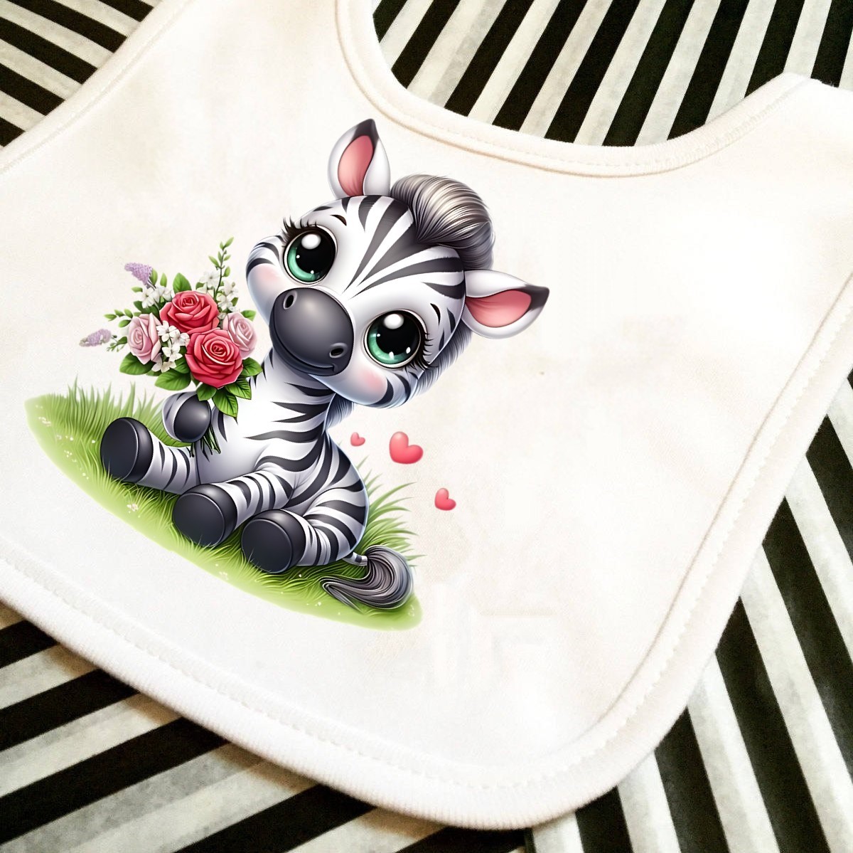 zèbre assis bouquet fleurs transfert thermocollant impression dtf flex textile bavoir serviette bébé enfant