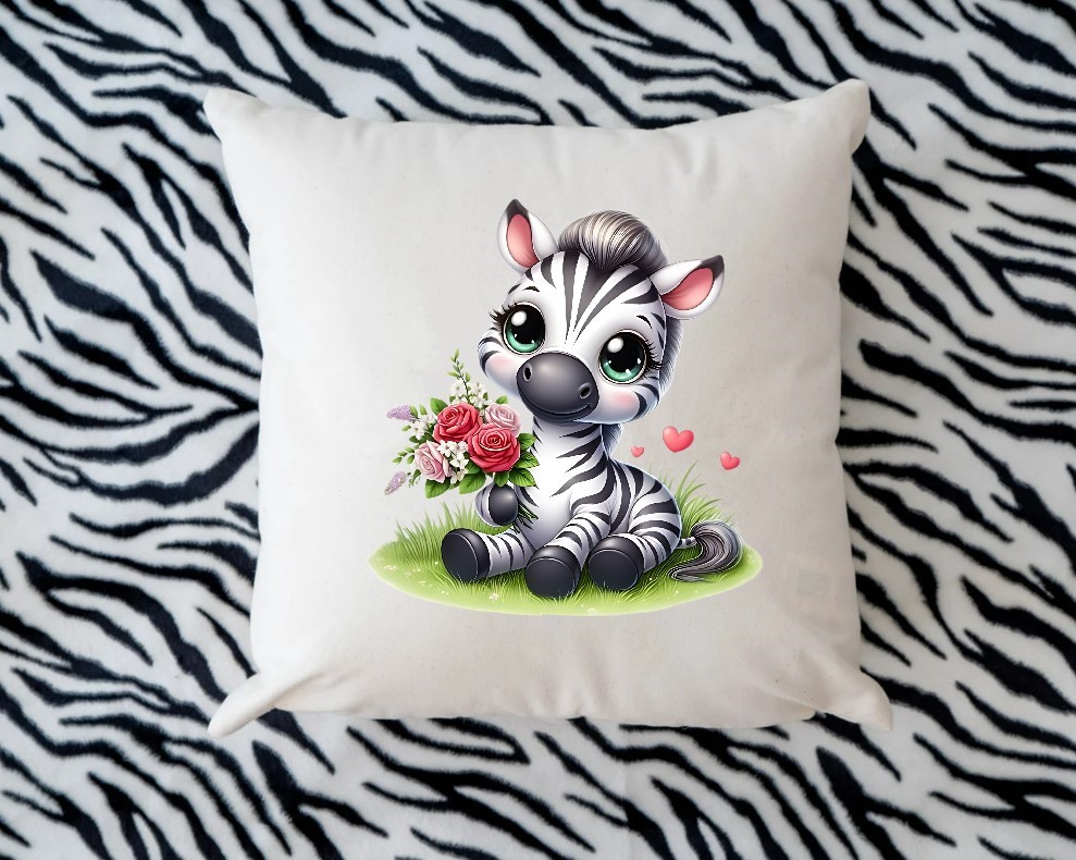 zèbre assis bouquet fleurs transfert thermocollant impression dtf flex textile coussin oreiller objet accessoire déco