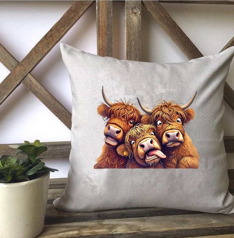 vaches grimaces humour transfert thermocollant impression dtf flex textile coussin oreiller objet accessoire déco