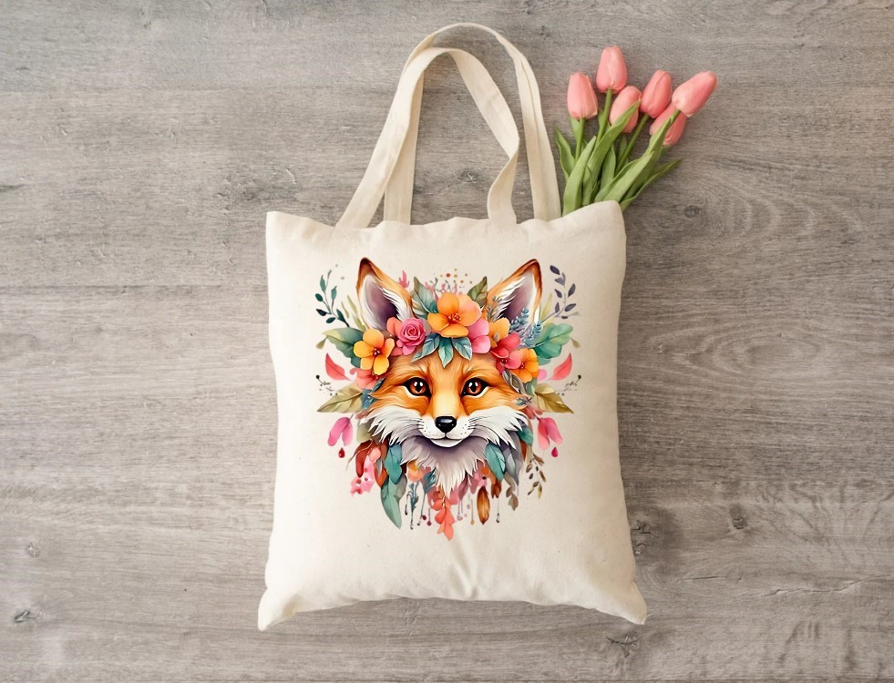 tête renard plumes fleurs transfert thermocollant impression dtf flex textile sac shopping course plage main sport