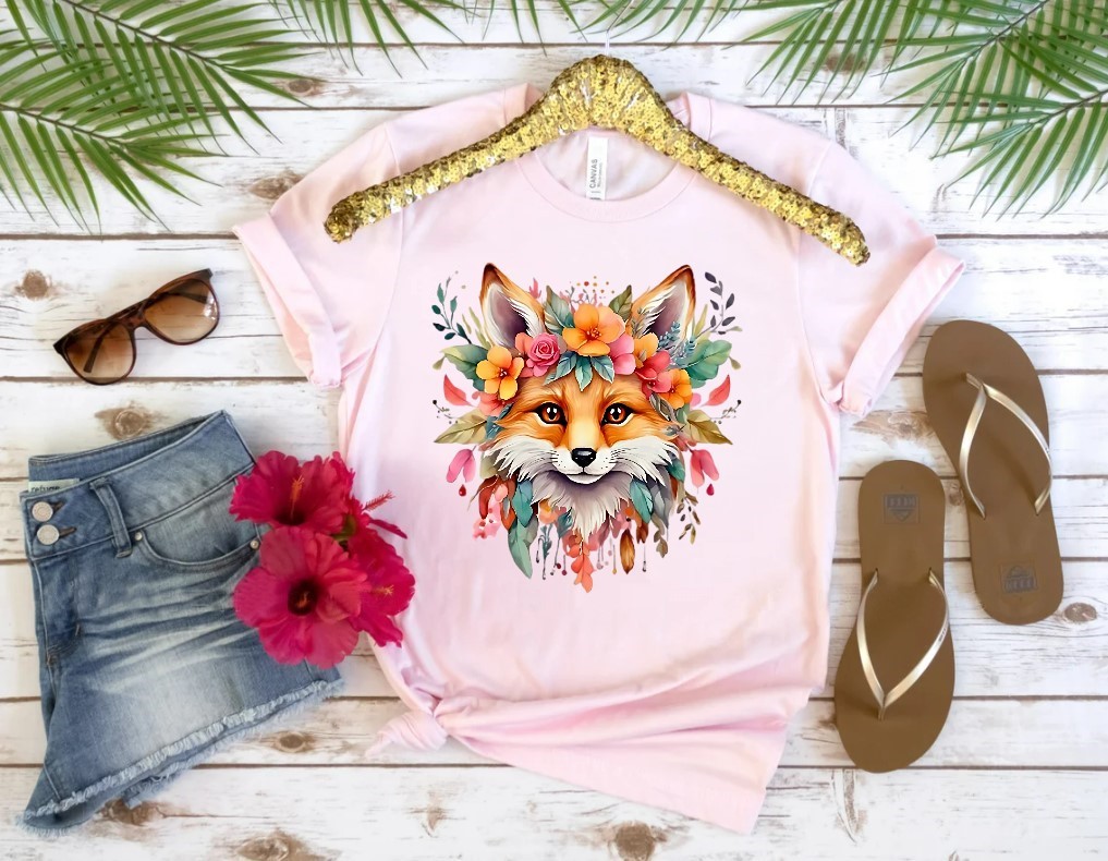 tête renard plumes fleurs transfert thermocollant impression dtf flex textile t-shirt femme enfant homme sweat