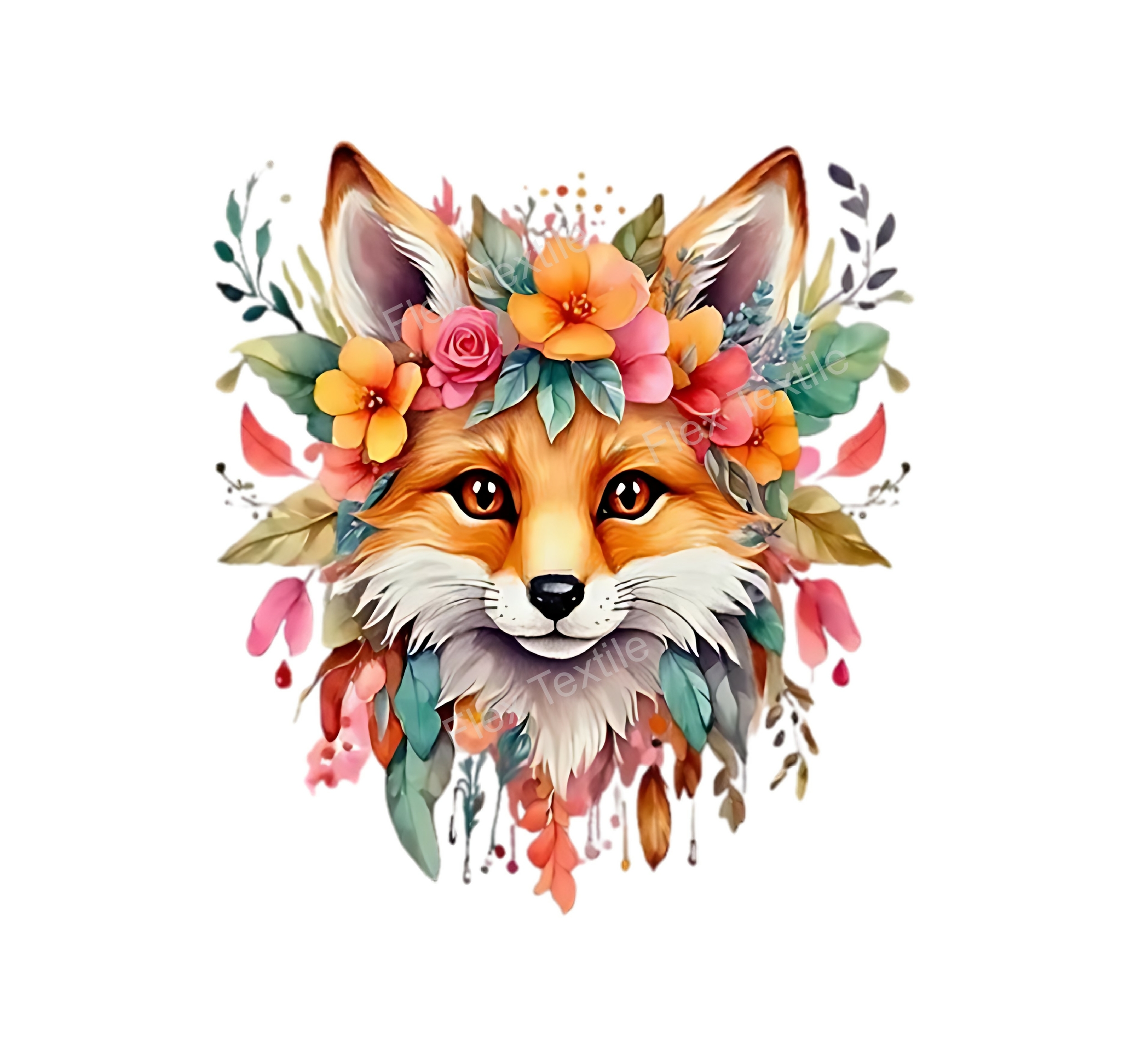 tête renard plumes fleurs transfert thermocollant impression dtf flex textile