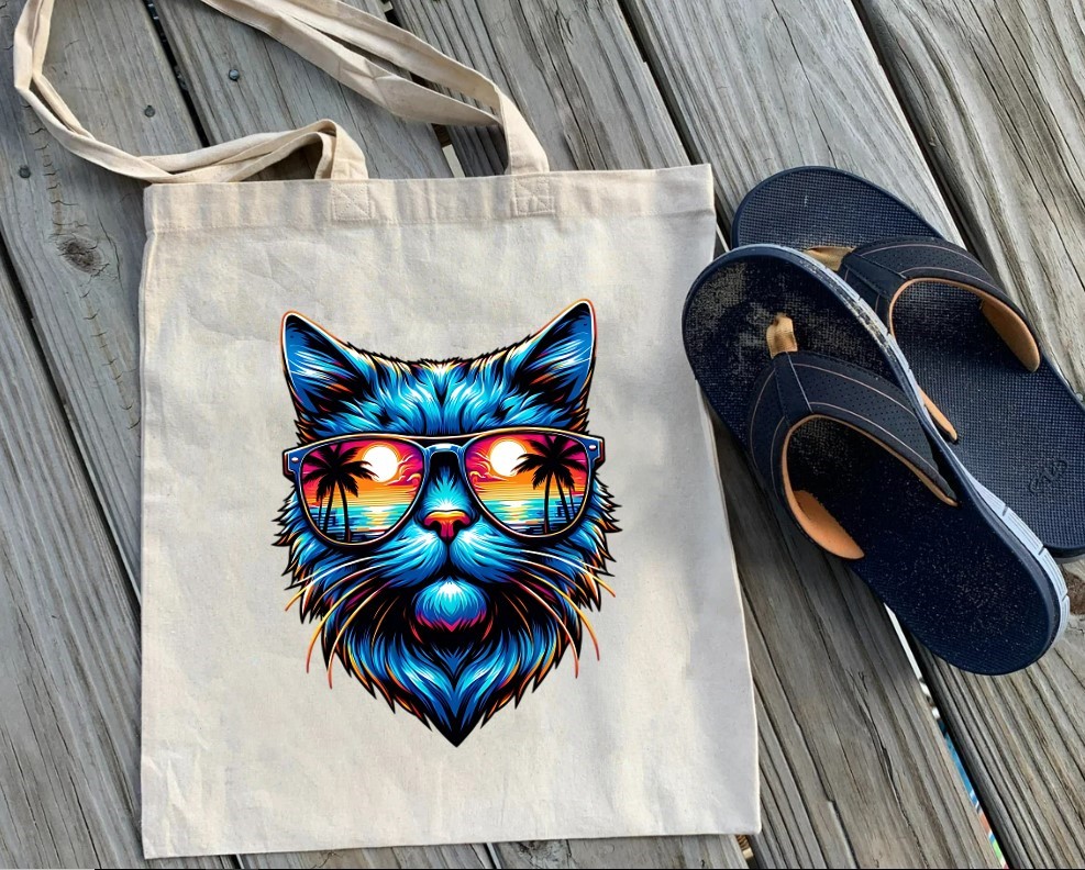 chat lunettes couché soleil transfert thermocollant impression dtf flex textile sac shopping course main sport plage
