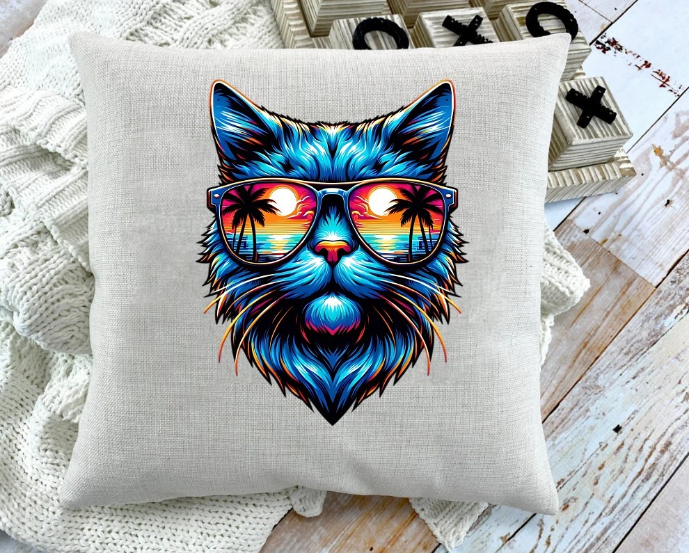 chat lunettes couché soleil transfert thermocollant impression dtf flex textile accessoire coussin oreiller objet déco
