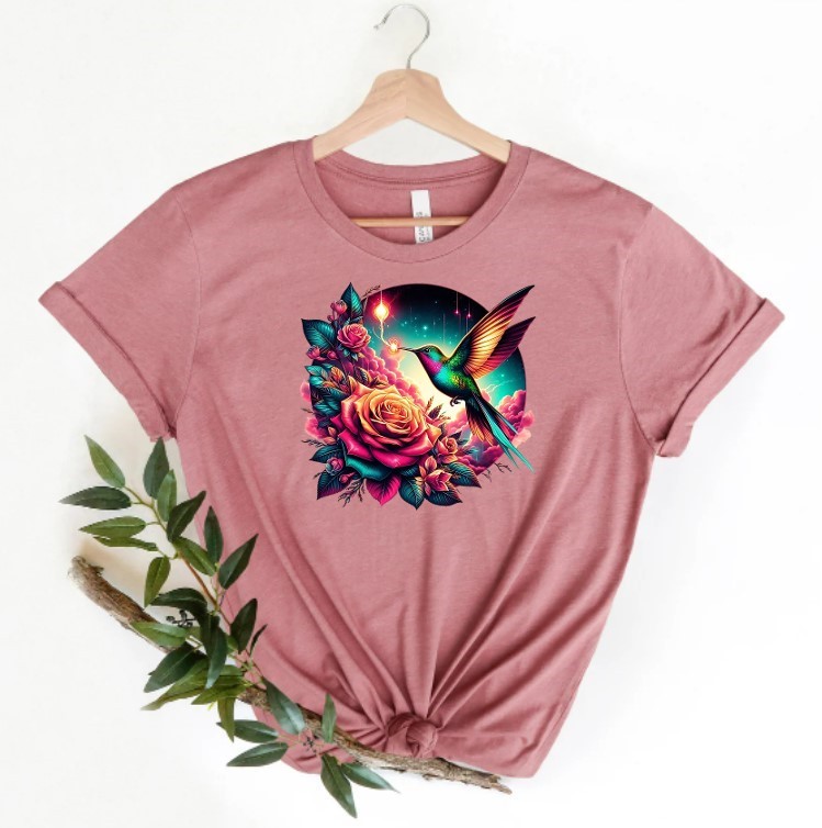 oiseau colibri fleurs cercle transfert thermocollant impression dtf flex textile t-shirt femme enfant homme