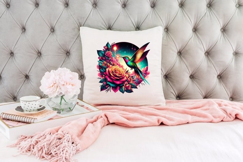 oiseau colibri fleurs cercle transfert thermocollant impression dtf flex textile coussin oreiller accessoire déco objet