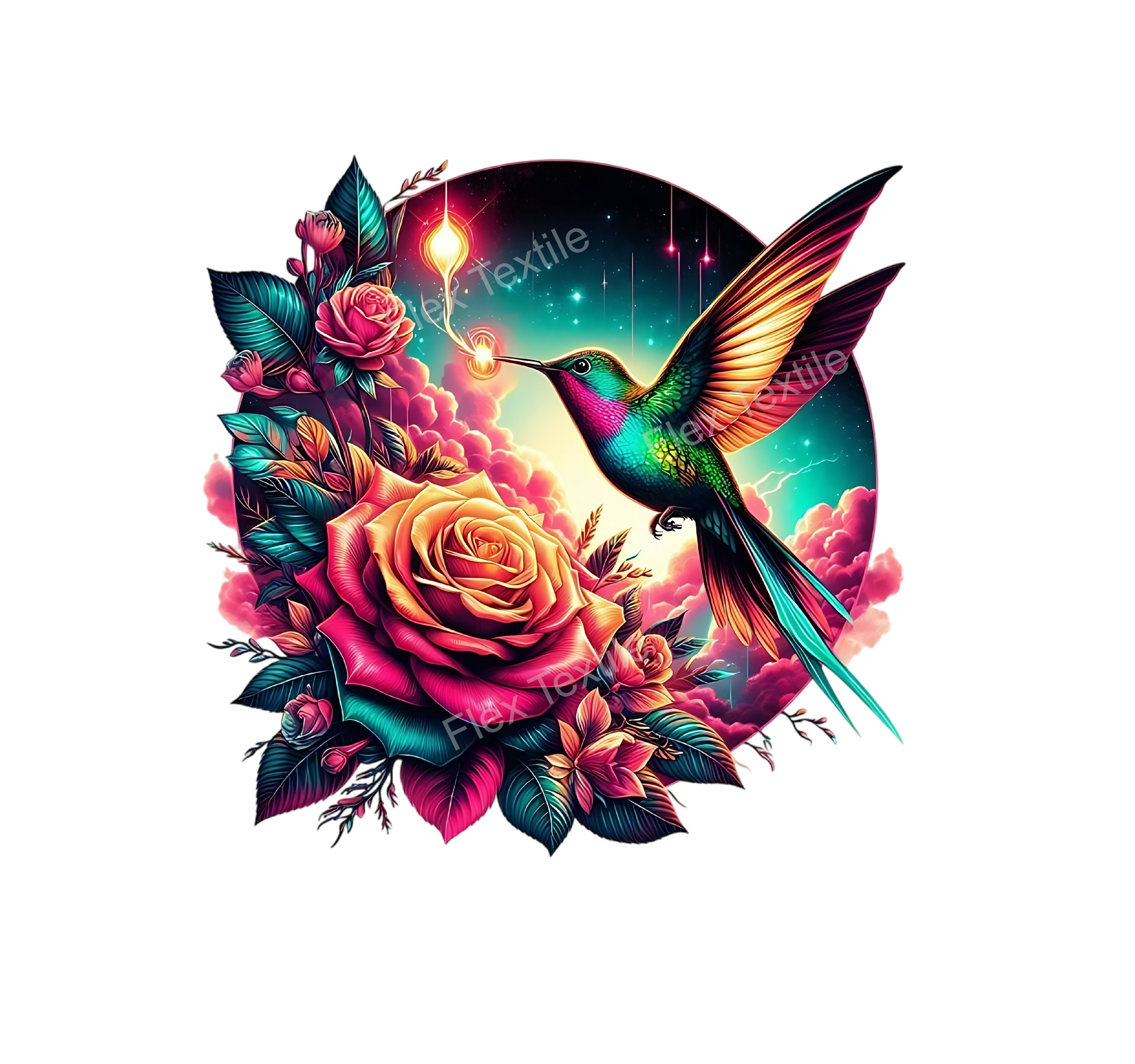 oiseau colibri fleurs cercle transfert thermocollant impression dtf flex textile
