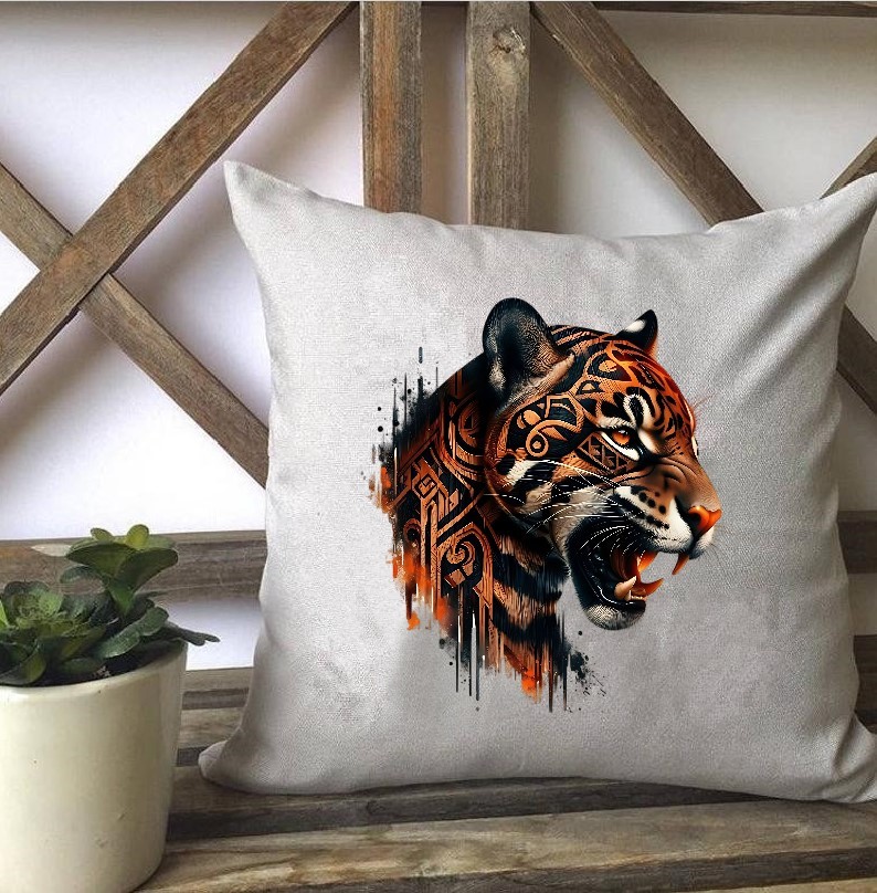 tête félin tatouages transfert thermocollant impression dtf flex textile coussin oreiller objet déco