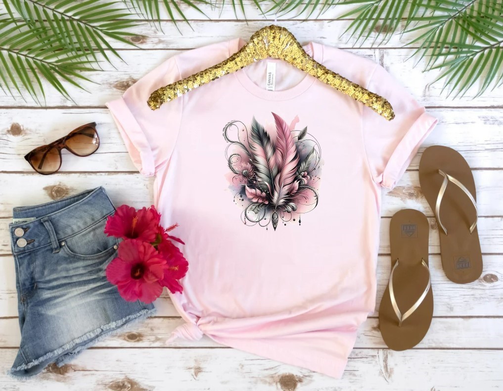 plumes rose gris transfert thermocollant impression dtf flex textile t-shirt femme enfant homme top débardeur sweat jean pull