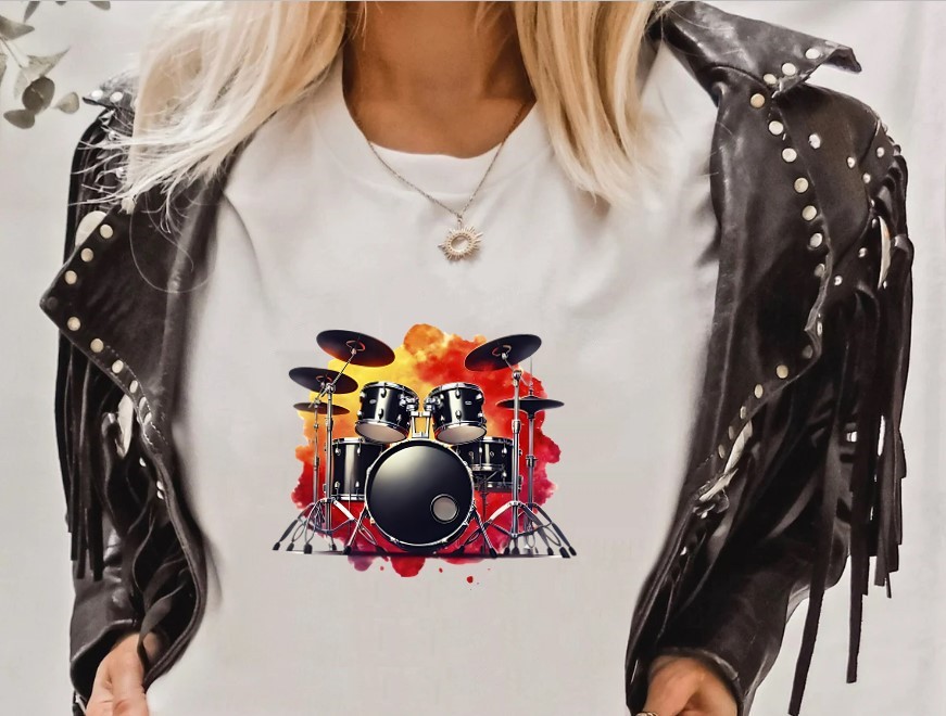 instrument batterie transfert thermocollant impression dtf flex textile t-shirt femme homme enfant sweat top jean blouson