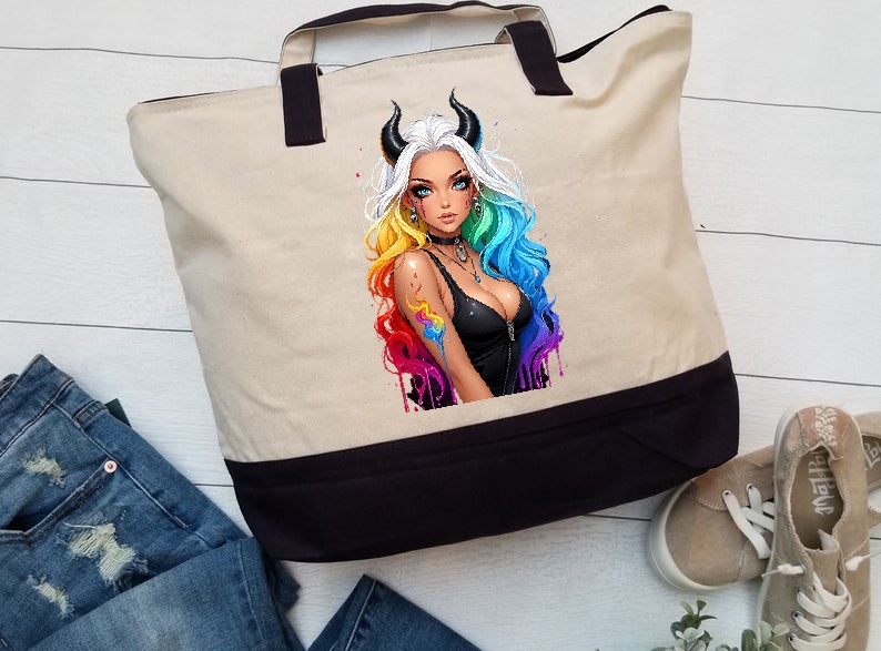 Femme Cornes transfert thermocollant impression dtf flex textile sac shopping course plage sport