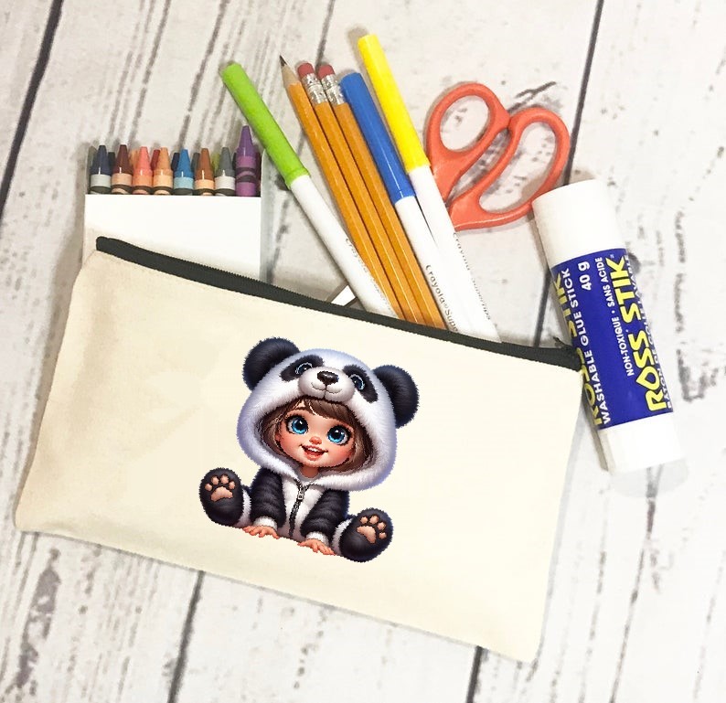 enfant panda transfert thermocollant impression dtf flex textile trousse toilette maquillage école make-up
