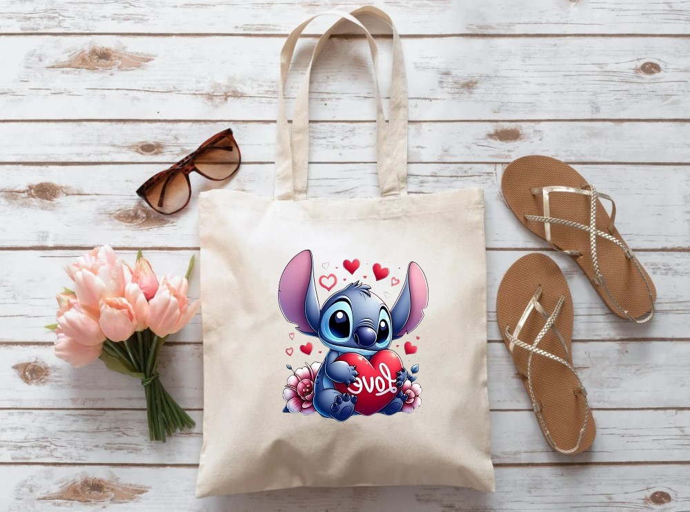 stitch coeurs love transfert thermocollant impression dtf flex textile sac shopping course sport plage
