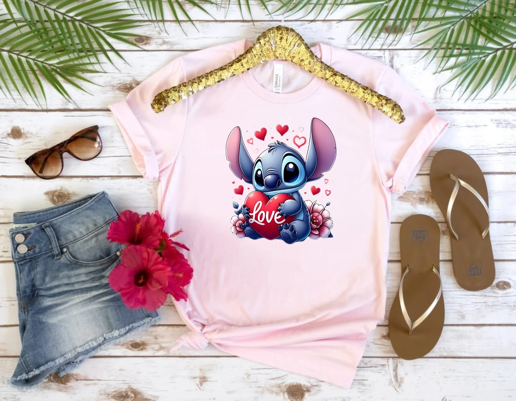 stitch coeurs love transfert thermocollant impression dtf flex textile t-shirt femme enfant homme sweat