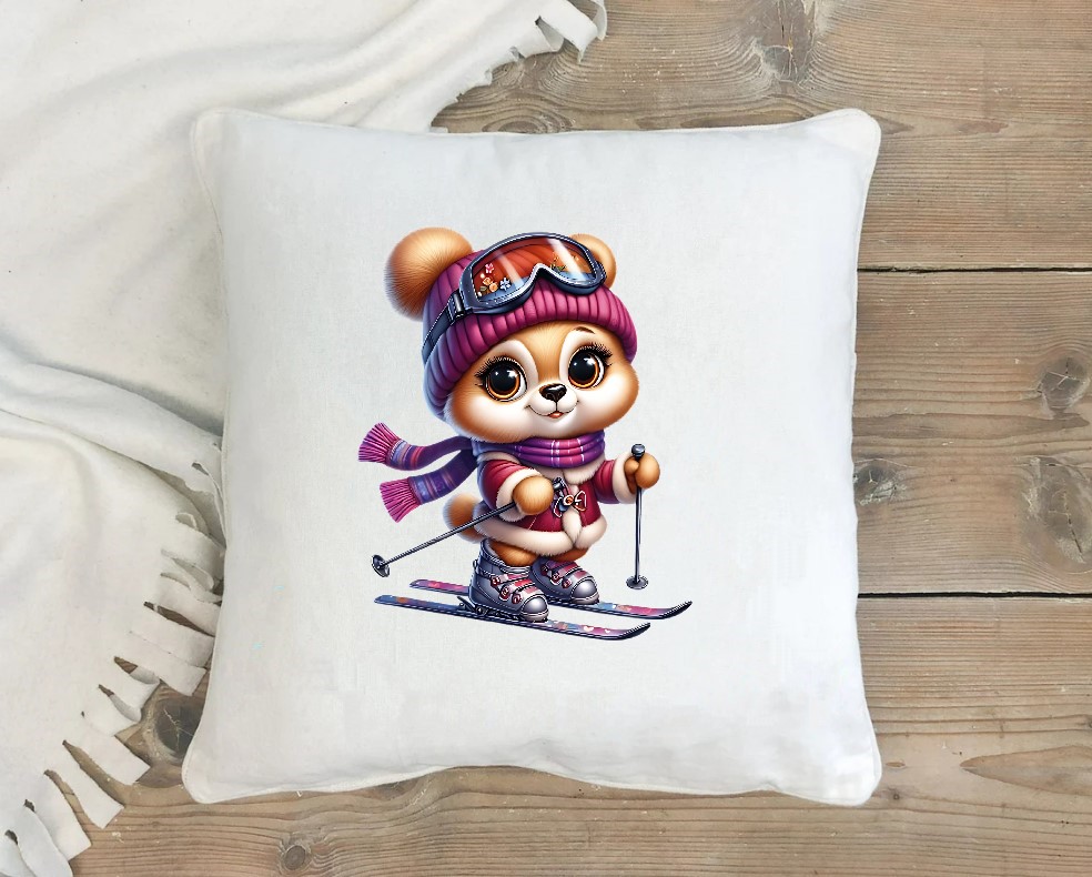 Ourson Ski transfert thermocollant impression dtf flex textile coussin oreillers accessoire déco
