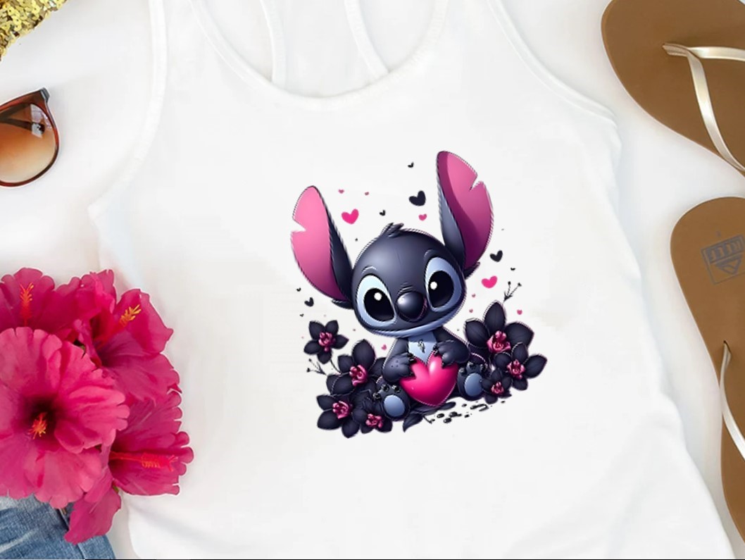 stitch noir coeurs fleurs transfert thermocollant impression dtf flex textile tshirt femme homme enfant sweat pull blouson veste
