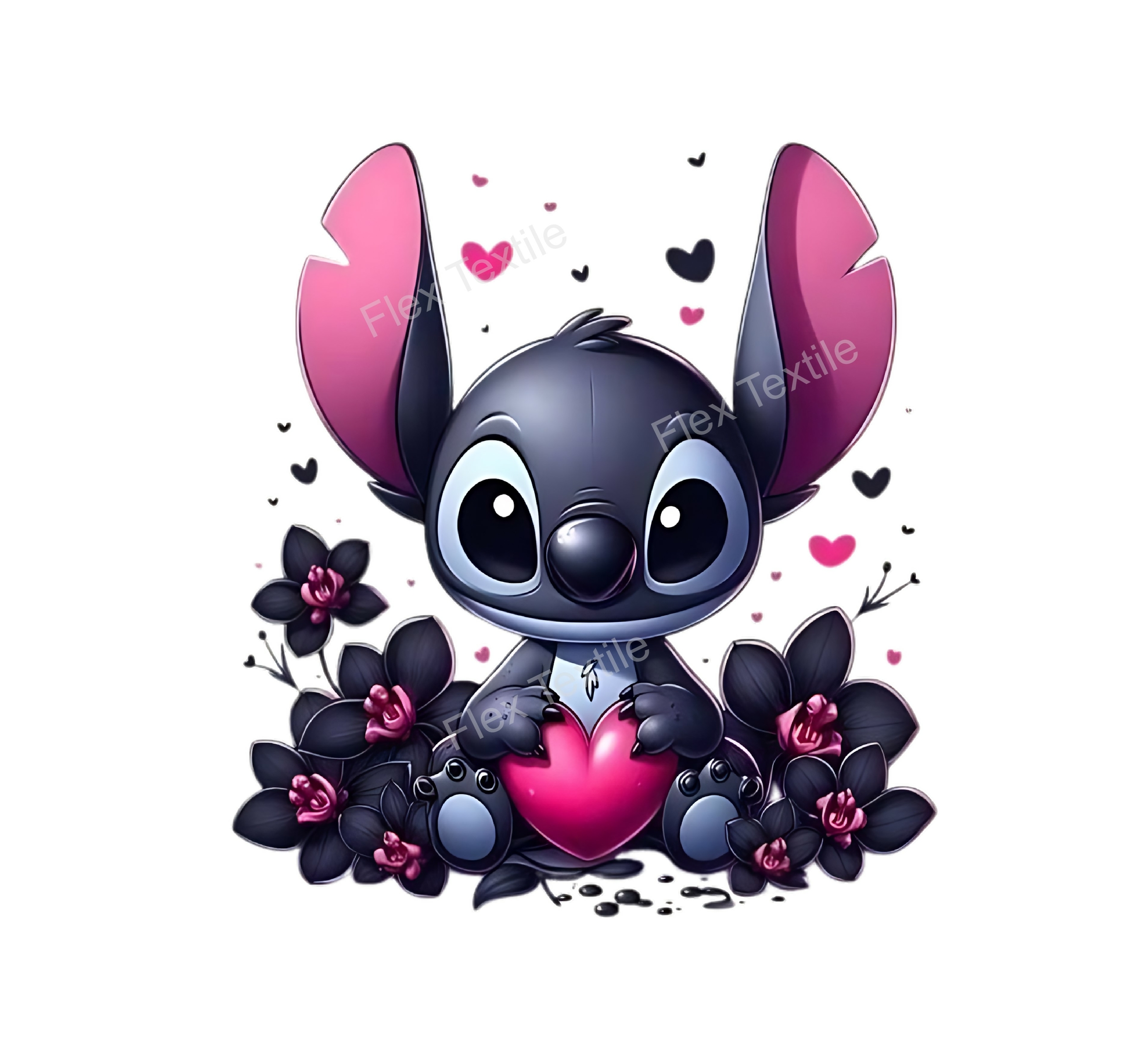 stitch noir coeurs fleurs transfert thermocollant impression dtf flex textile