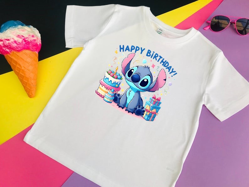 stitch anniversaire cadeaux transfert thermocollant impression dtf flex textile tshirt enfant bébé ado femme homme sweat pull blouson veste