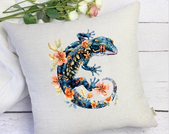 Lézard bleu fleurs transfert thermocollant impression dtf flex textile oreilles coussin accessoires déco