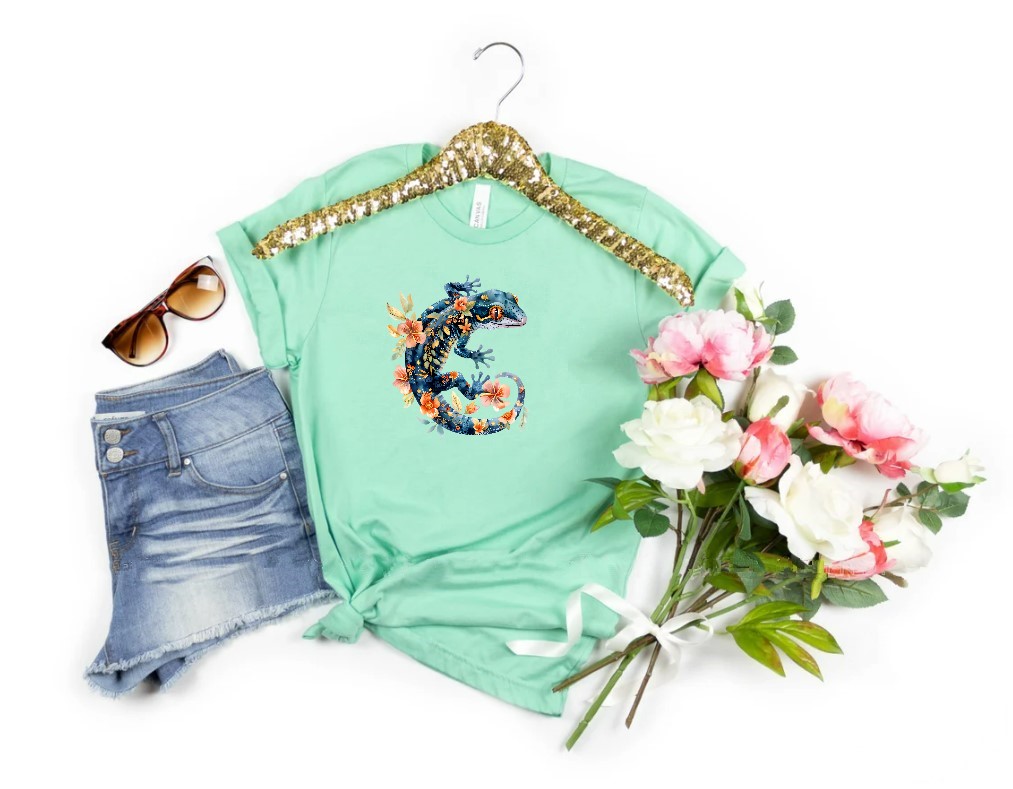 Lézard bleu fleurs transfert thermocollant impression dtf flex textile t-shirt femme enfant homme pull sweat veste jeans