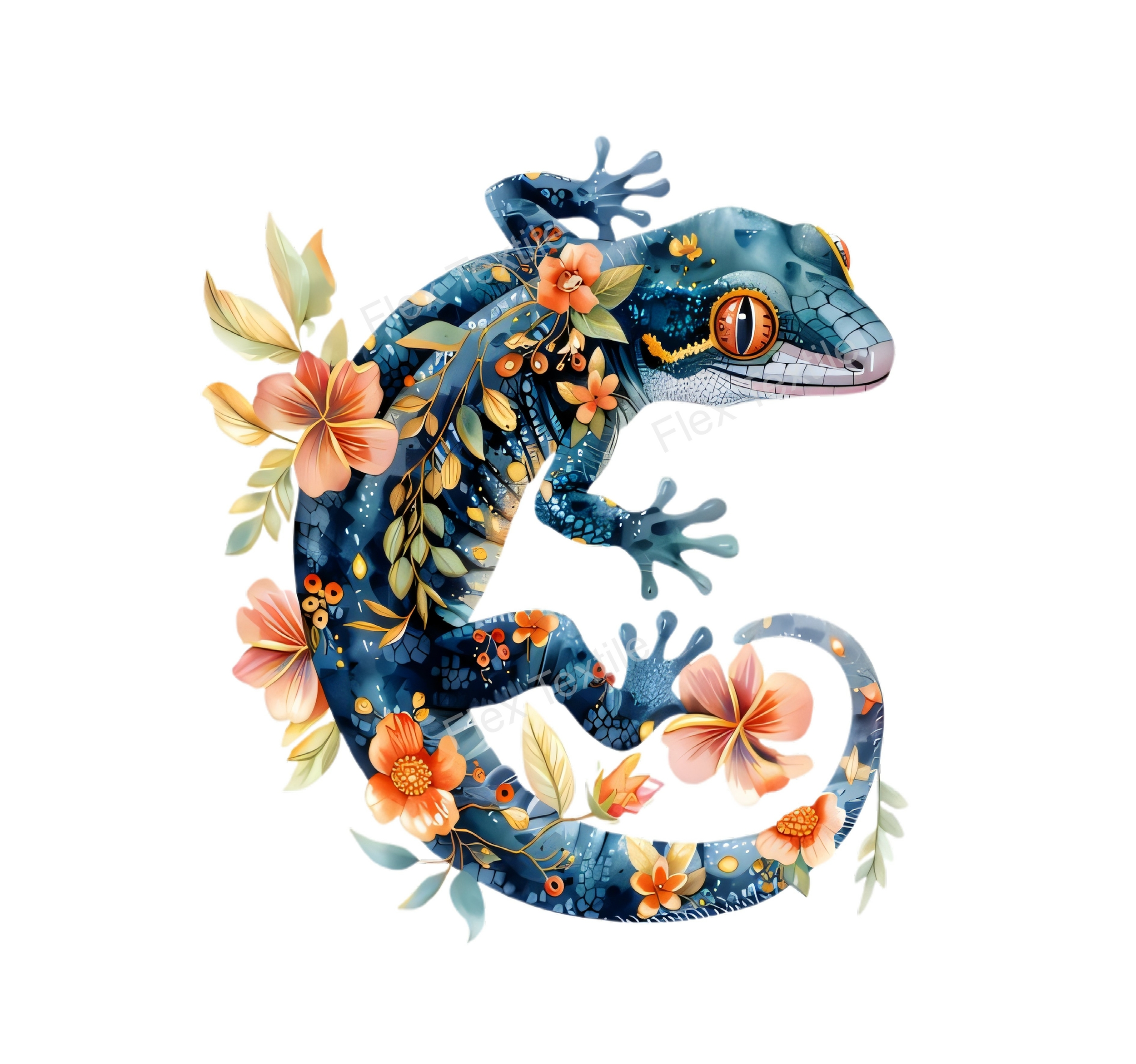 Lézard bleu fleurs transfert thermocollant impression dtf flex textile