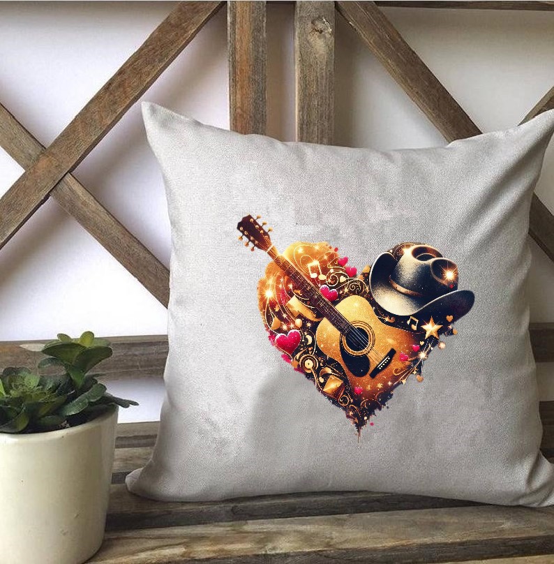 Guitare Chapeau Coeurs Transfert Thermocollant Impression DTF Flex textile coussin oreilles accessoires déco
