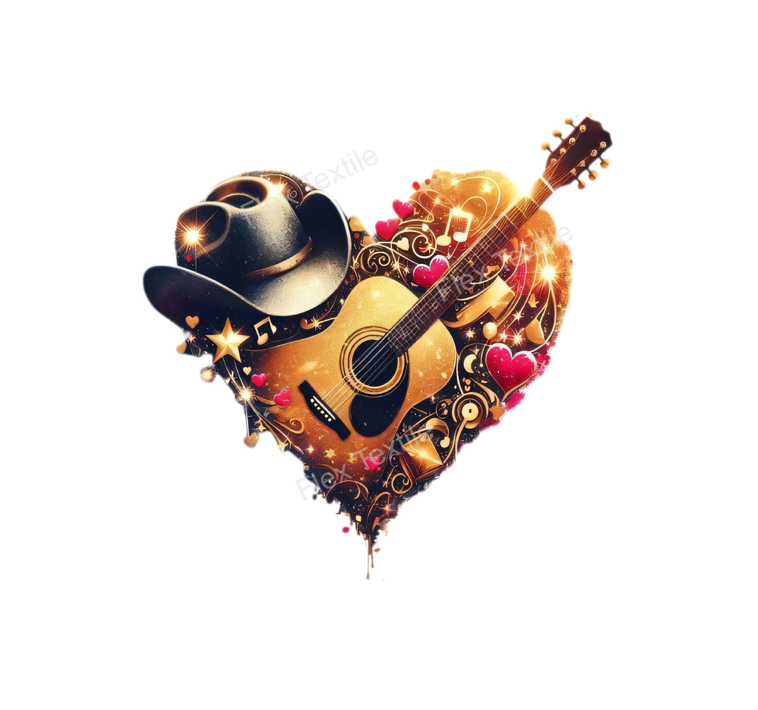 Guitare Chapeau Coeurs Transfert Thermocollant Impression DTF Flex textile