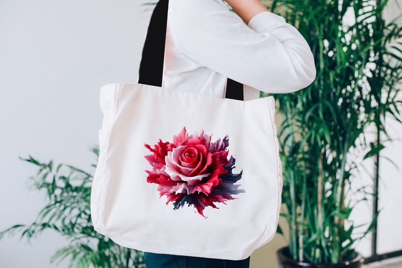 Fleur Rose Peinture Transfert thermocollant impression dtf flex textile sac shopping dos mains plage sport